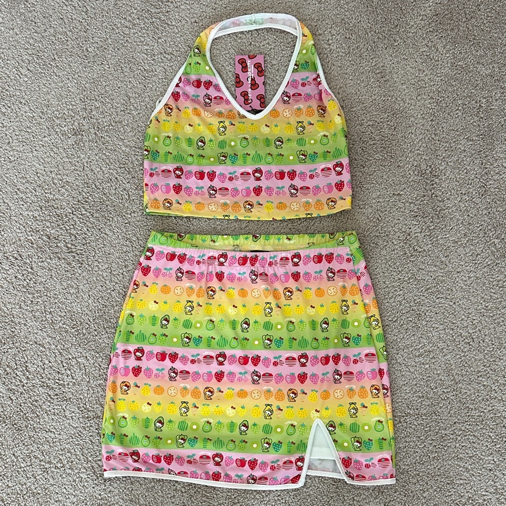 SHEIN x Hello Kitty Halter top and mini skirt set with fruits pattern